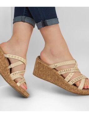 Skechers Off-White Multi-Strap Cork Wedge Sandals